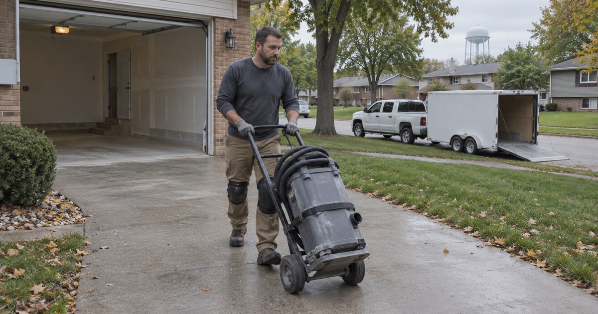 A floor crew member wheeling a dust extractor up the driveway of an Ames home on the first morning of a garage floor job.