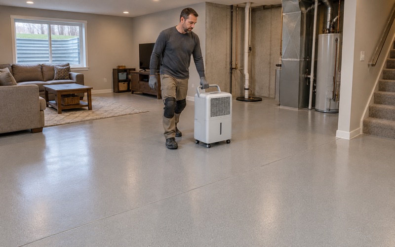 A dehumidifier rolled onto a newly coated gray basement floor in an Ames home, next to the sump pit it was set up to serve.