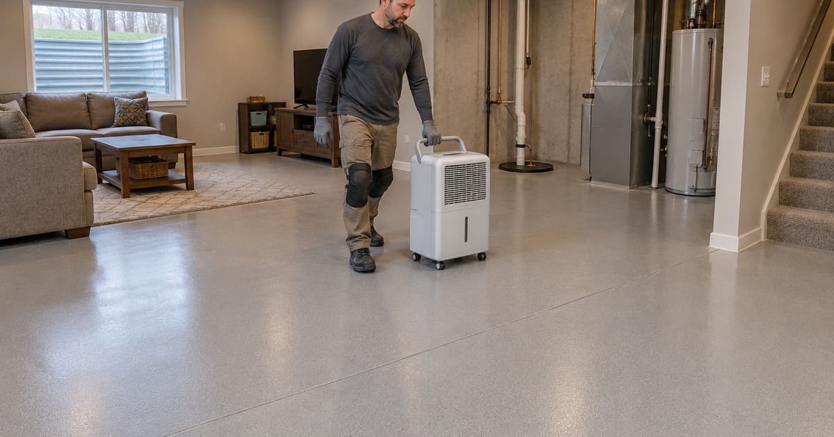 A dehumidifier rolled onto a newly coated gray basement floor in an Ames home, next to the sump pit it was set up to serve.