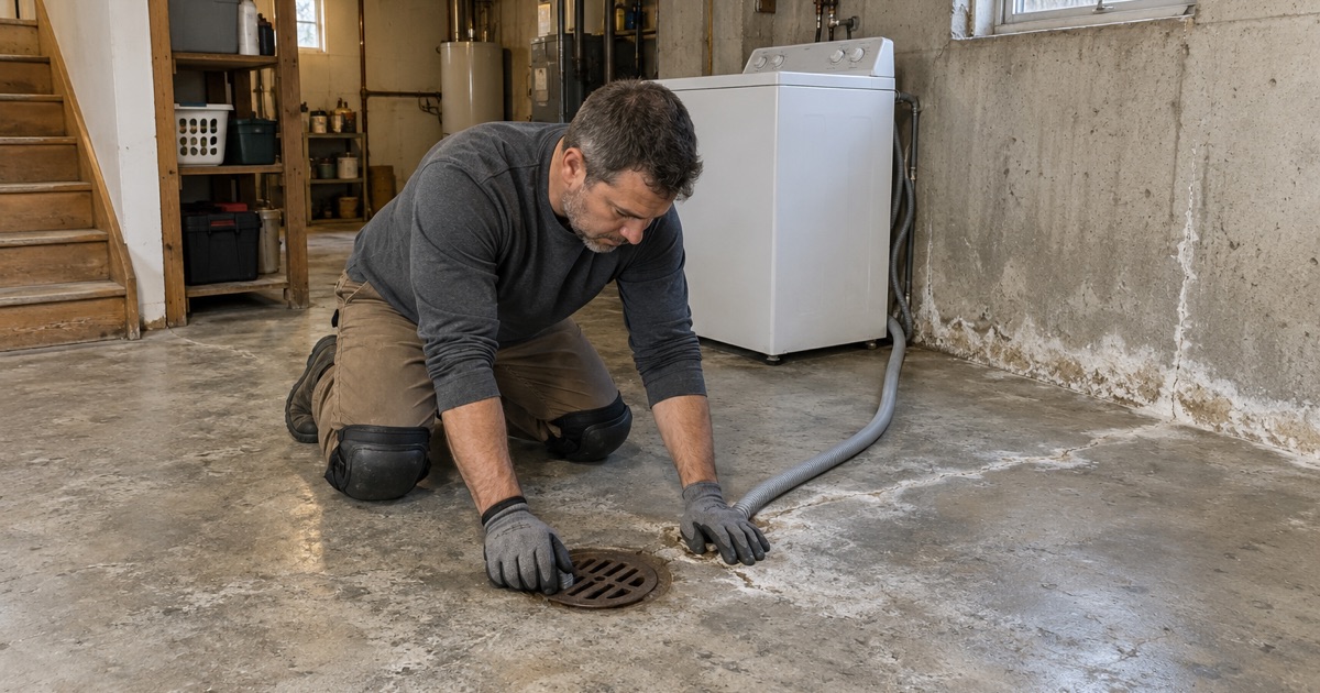 White efflorescence and an old floor drain on the bare basement slab of an older Ames rental house, read before anything is coated.
