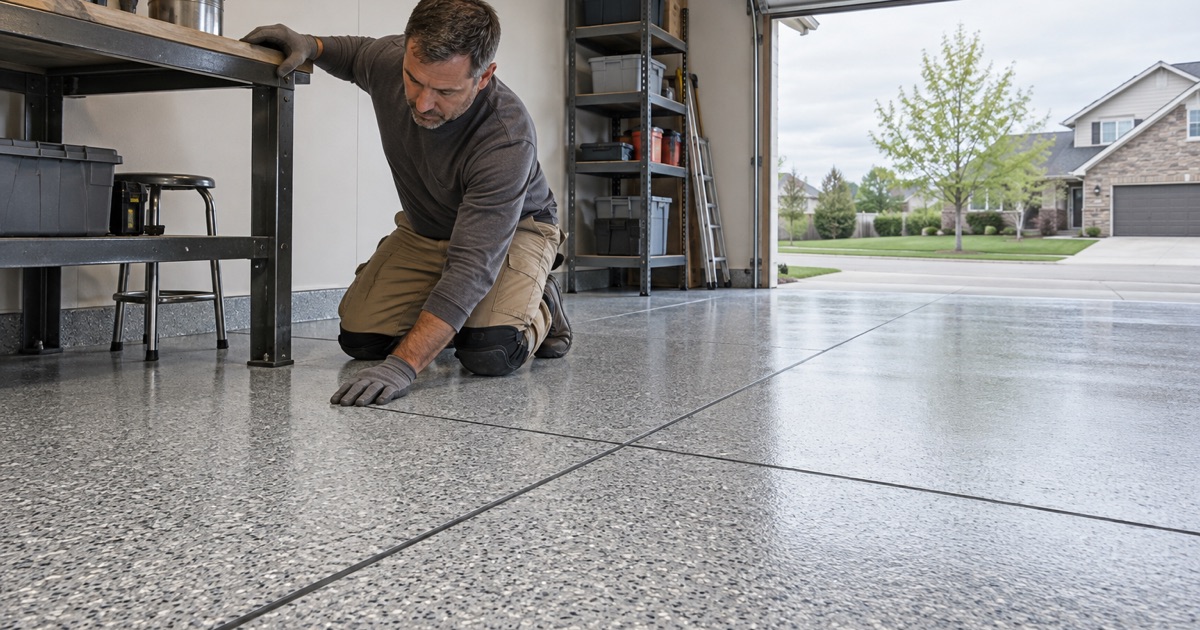 A finished light gray flake garage floor in Ames with every saw-cut joint picked out as a crisp dark line in a grid.