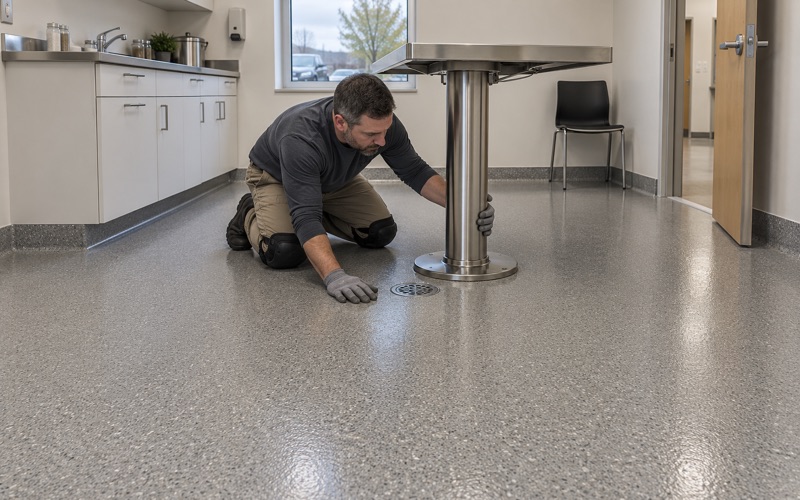 A seamless quartz epoxy floor with a coved base in the treatment room of an Ames veterinary clinic.