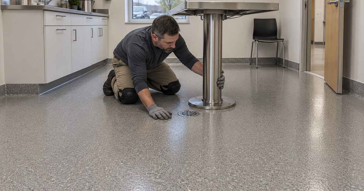 A seamless quartz epoxy floor with a coved base in the treatment room of an Ames veterinary clinic.