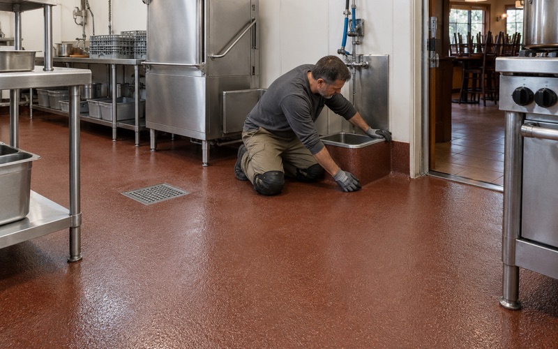 A textured urethane cement floor with an integral cove and a floor sink in the kitchen of an Ames restaurant.