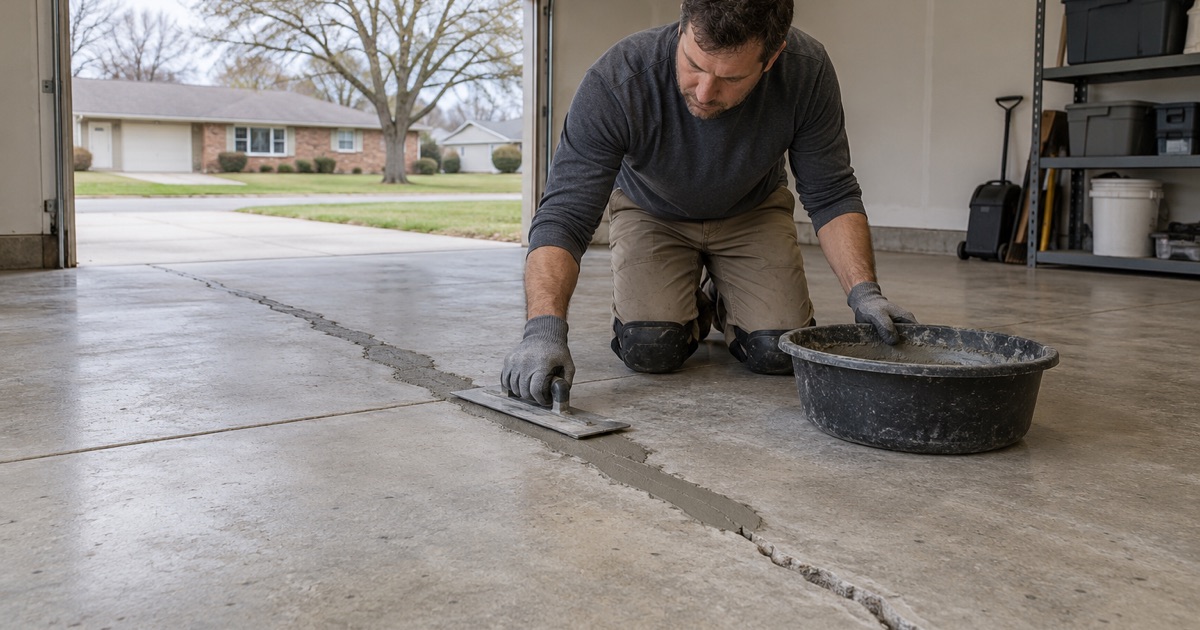 A long crack in an Ames garage slab chased out and filled flush with repair mortar before the floor is coated.