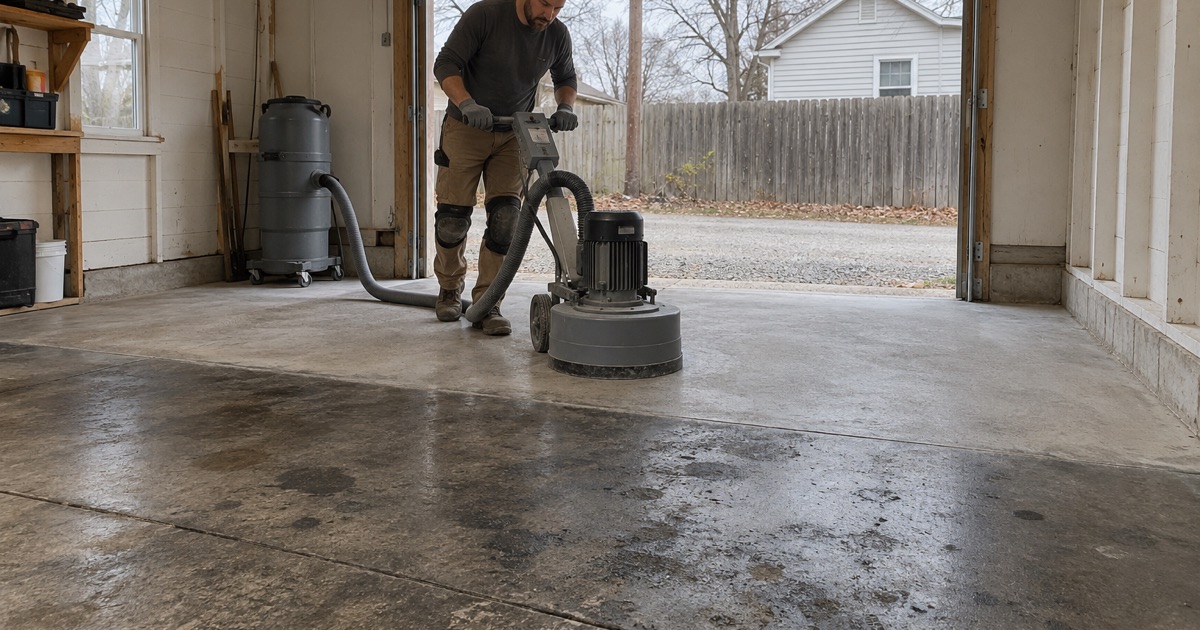 A walk-behind diamond grinder opening a pitted, stained garage slab off an alley in an older Ames neighborhood.