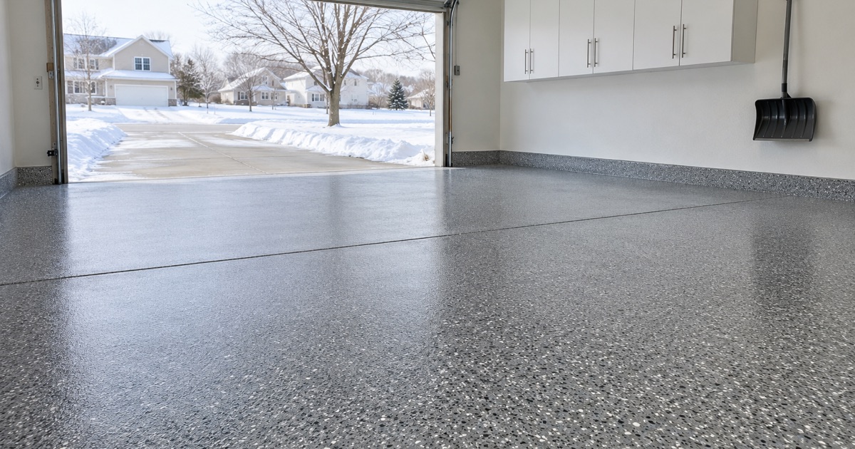 An empty, finished charcoal and gray flake garage floor in an Ames home on a winter afternoon, the overhead door raised to a cleared driveway.