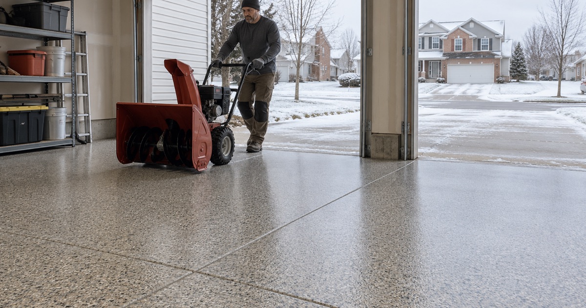 A snowblower wheeled back onto a finished gray and tan flake floor in the attached garage of a newer Ames two-story.