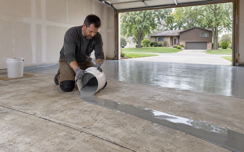 The first coat of gray epoxy poured in a ribbon onto a ground garage slab in Ames, ready to be spread.