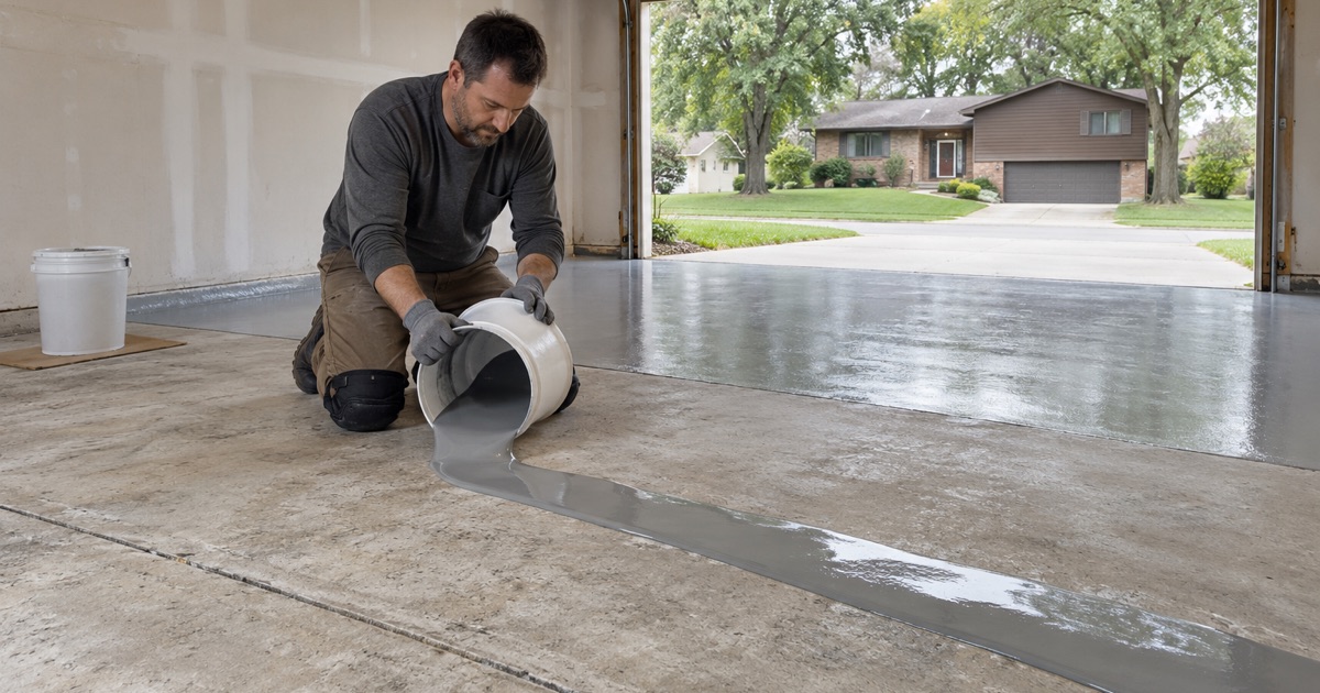 The first coat of gray epoxy poured in a ribbon onto a ground garage slab in Ames, ready to be spread.