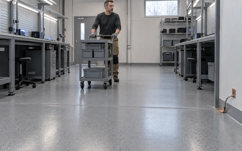 A static-dissipative floor under an electronics assembly cart in an Ames plant, the grounding point set into the floor at the wall.