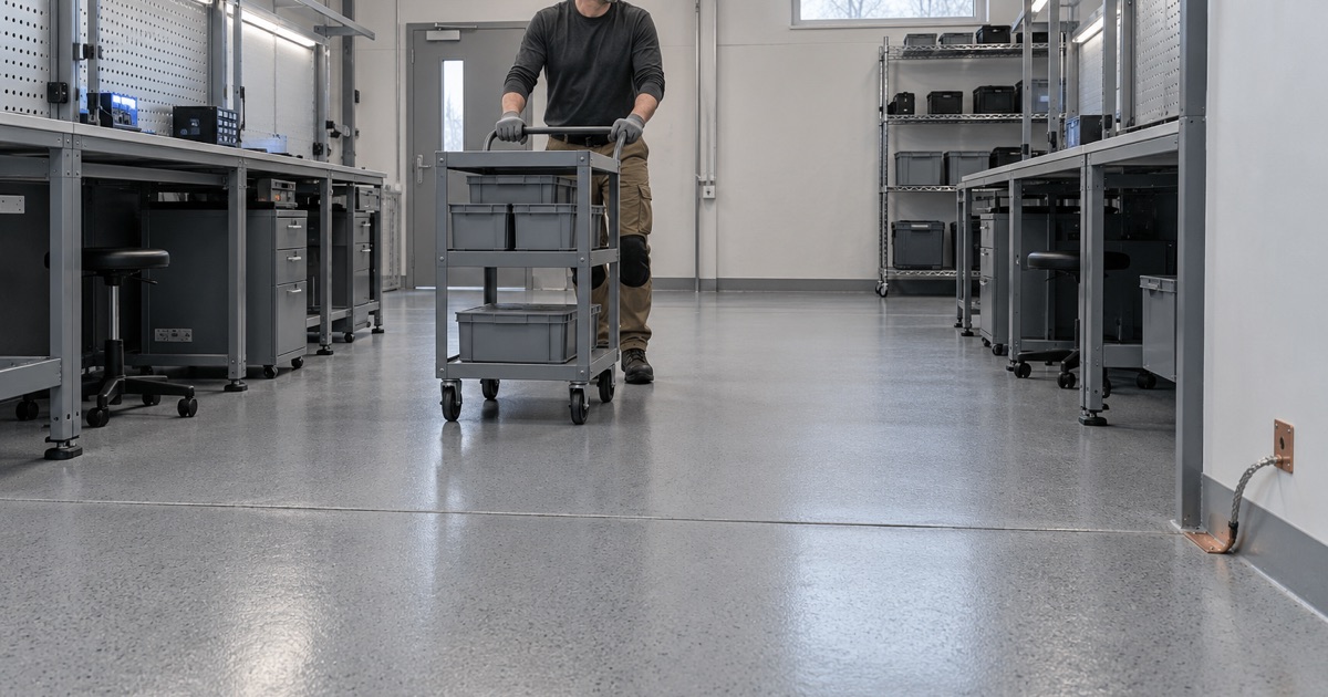 A static-dissipative floor under an electronics assembly cart in an Ames plant, the grounding point set into the floor at the wall.