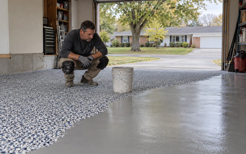 A dense blue-gray and white flake broadcast settled across half of an Ames garage floor, the base coat still showing beyond the edge.