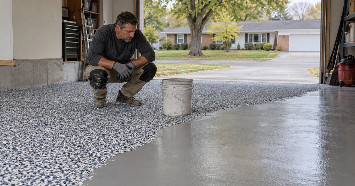A dense blue-gray and white flake broadcast settled across half of an Ames garage floor, the base coat still showing beyond the edge.