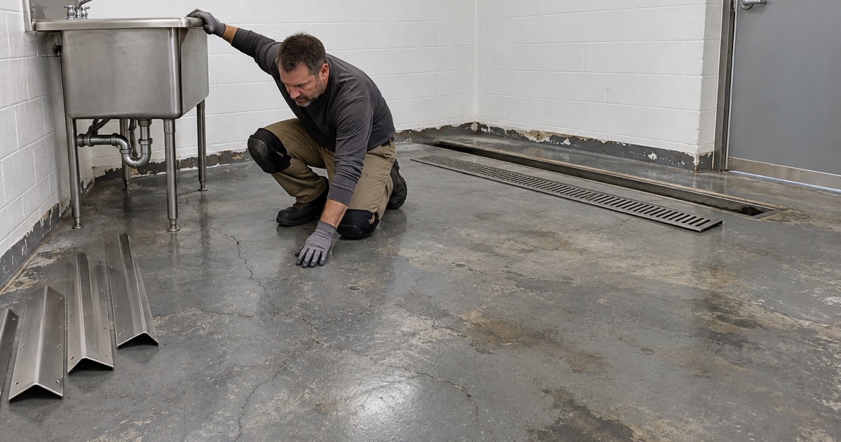 A cracked old epoxy floor in an Ames animal research room, the trench drain grate lifted out before the floor is refinished.