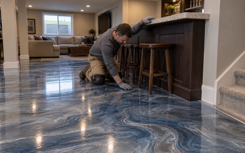 A silver, slate and blue metallic epoxy floor under a home bar in the finished basement of an Ames house.