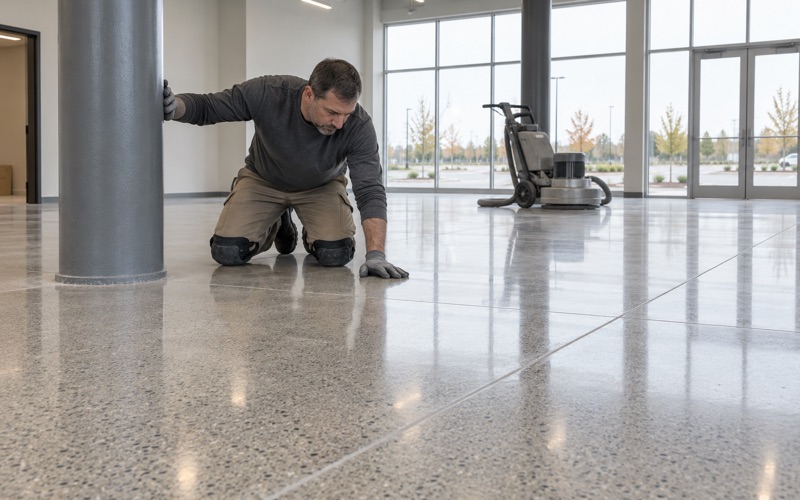 A satin polished concrete floor showing fine aggregate in the open lobby of a new office building in an Ames business park.