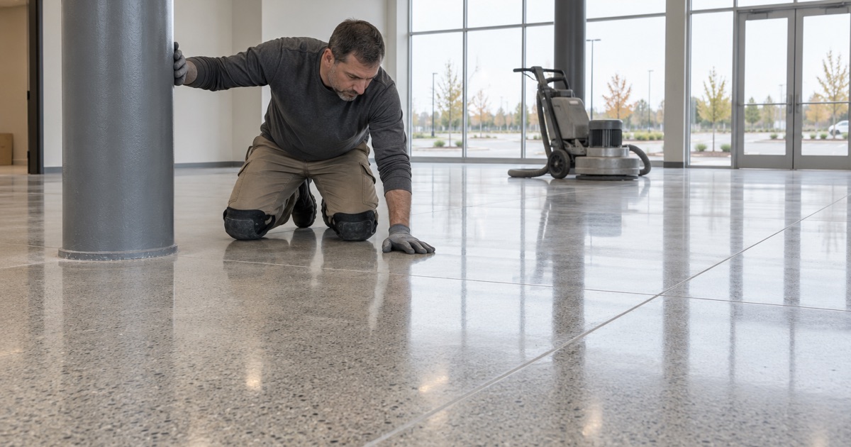 A satin polished concrete floor showing fine aggregate in the open lobby of a new office building in an Ames business park.