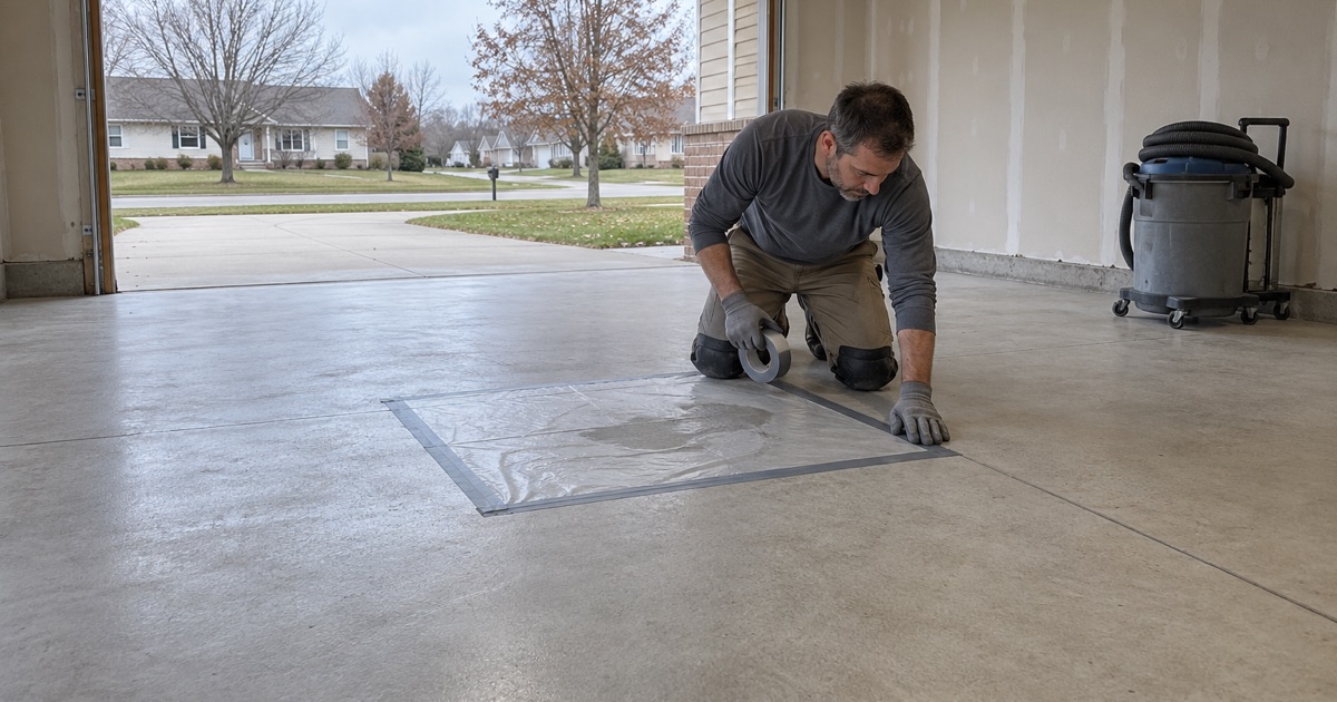 A taped plastic sheet moisture test on a freshly ground garage slab in Ames, read before any coating is mixed.